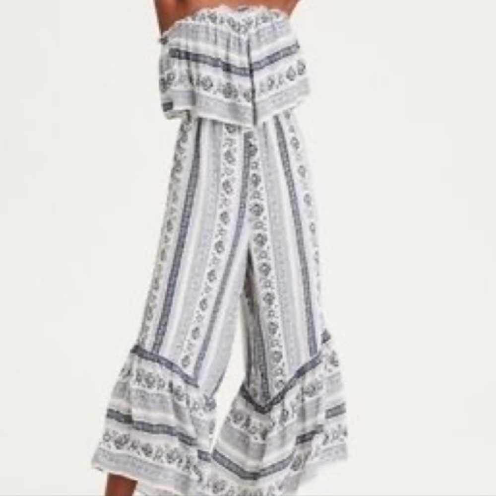 American Eagle Blue and White Strapless Boho Smocked Jumpsuit. Lined.